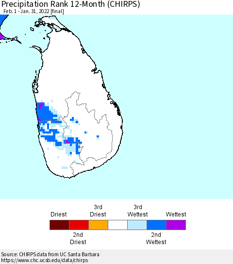 Sri Lanka Precipitation Rank 12-Month (CHIRPS) Thematic Map For 2/1/2021 - 1/31/2022