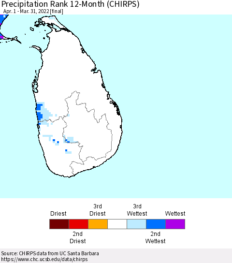 Sri Lanka Precipitation Rank since 1981, 12-Month (CHIRPS) Thematic Map For 4/1/2021 - 3/31/2022