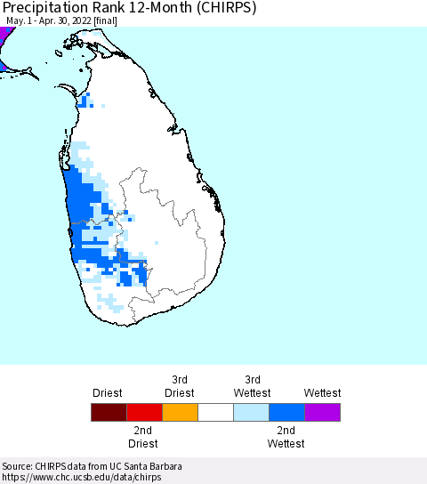 Sri Lanka Precipitation Rank since 1981, 12-Month (CHIRPS) Thematic Map For 5/1/2021 - 4/30/2022