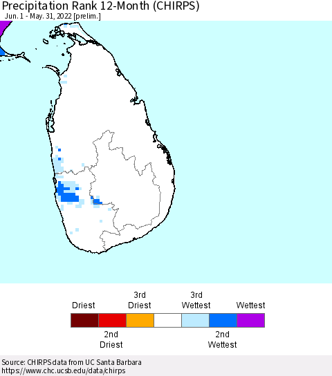Sri Lanka Precipitation Rank 12-Month (CHIRPS) Thematic Map For 6/1/2021 - 5/31/2022