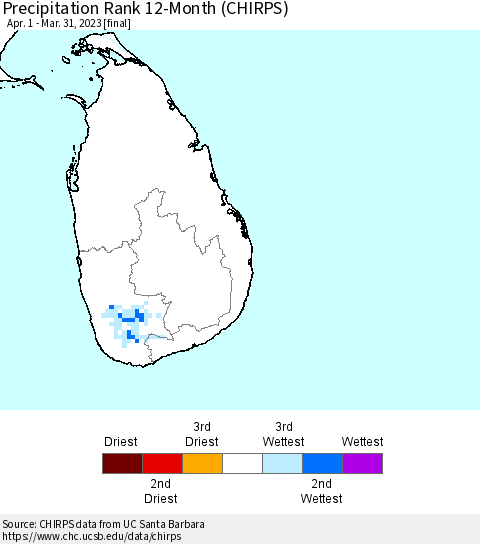 Sri Lanka Precipitation Rank since 1981, 12-Month (CHIRPS) Thematic Map For 4/1/2022 - 3/31/2023
