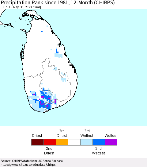 Sri Lanka Precipitation Rank since 1981, 12-Month (CHIRPS) Thematic Map For 6/1/2022 - 5/31/2023