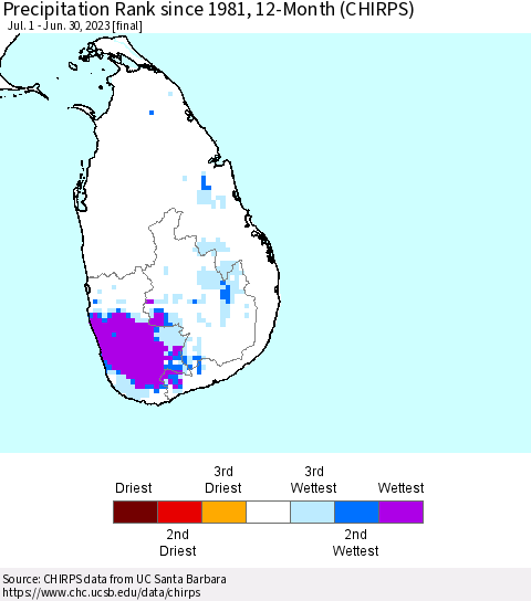 Sri Lanka Precipitation Rank since 1981, 12-Month (CHIRPS) Thematic Map For 7/1/2022 - 6/30/2023