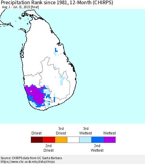 Sri Lanka Precipitation Rank since 1981, 12-Month (CHIRPS) Thematic Map For 8/1/2022 - 7/31/2023