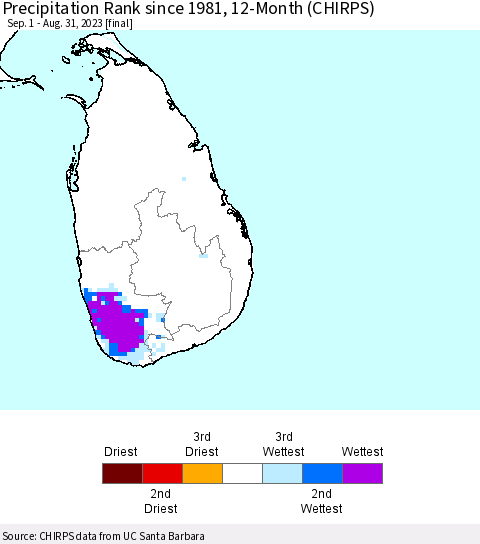 Sri Lanka Precipitation Rank since 1981, 12-Month (CHIRPS) Thematic Map For 9/1/2022 - 8/31/2023