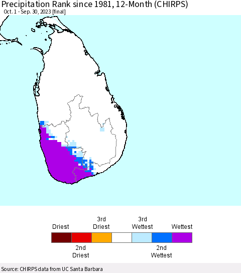 Sri Lanka Precipitation Rank since 1981, 12-Month (CHIRPS) Thematic Map For 10/1/2022 - 9/30/2023