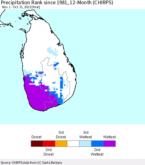 Sri Lanka Precipitation Rank since 1981, 12-Month (CHIRPS) Thematic Map For 11/1/2022 - 10/31/2023