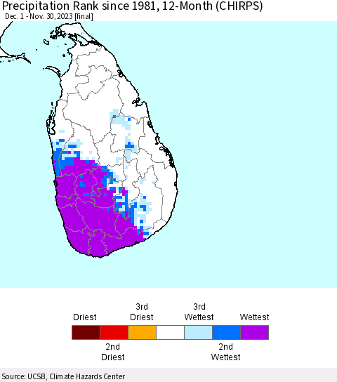 Sri Lanka Precipitation Rank since 1981, 12-Month (CHIRPS) Thematic Map For 12/1/2022 - 11/30/2023