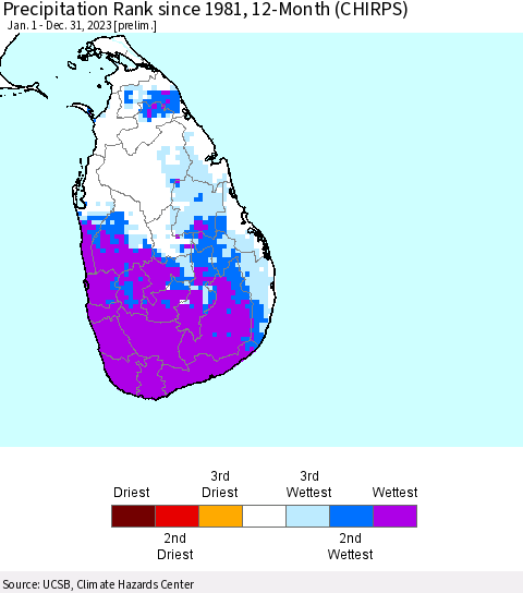 Sri Lanka Precipitation Rank since 1981, 12-Month (CHIRPS) Thematic Map For 1/1/2023 - 12/31/2023
