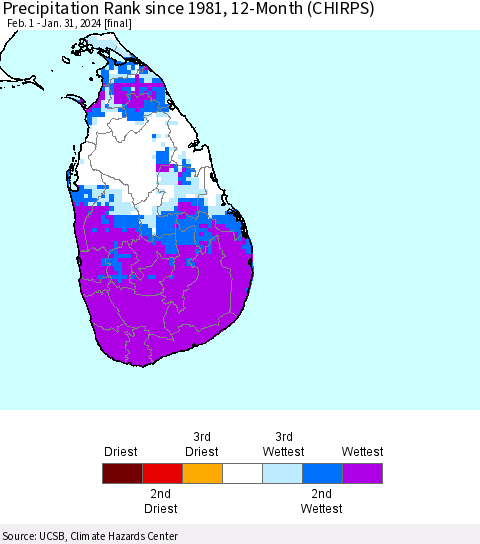 Sri Lanka Precipitation Rank since 1981, 12-Month (CHIRPS) Thematic Map For 2/1/2023 - 1/31/2024
