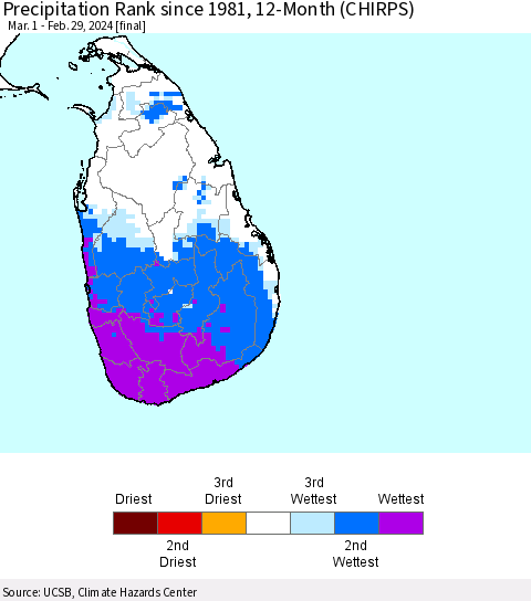 Sri Lanka Precipitation Rank since 1981, 12-Month (CHIRPS) Thematic Map For 3/1/2023 - 2/29/2024