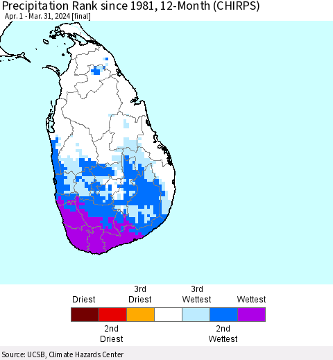 Sri Lanka Precipitation Rank since 1981, 12-Month (CHIRPS) Thematic Map For 4/1/2023 - 3/31/2024