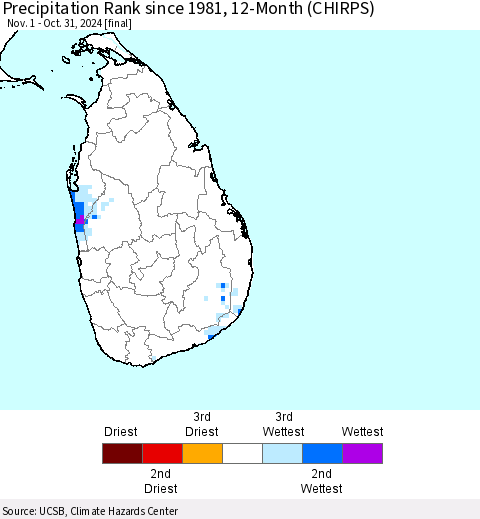 Sri Lanka Precipitation Rank since 1981, 12-Month (CHIRPS) Thematic Map For 11/1/2023 - 10/31/2024