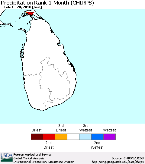 Sri Lanka Precipitation Rank since 1981, 1-Month (CHIRPS) Thematic Map For 2/1/2018 - 2/28/2018