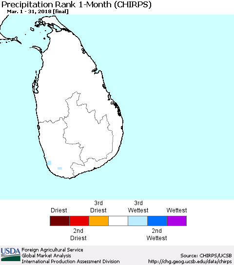 Sri Lanka Precipitation Rank since 1981, 1-Month (CHIRPS) Thematic Map For 3/1/2018 - 3/31/2018