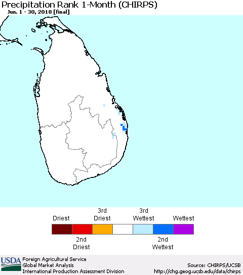 Sri Lanka Precipitation Rank since 1981, 1-Month (CHIRPS) Thematic Map For 6/1/2018 - 6/30/2018
