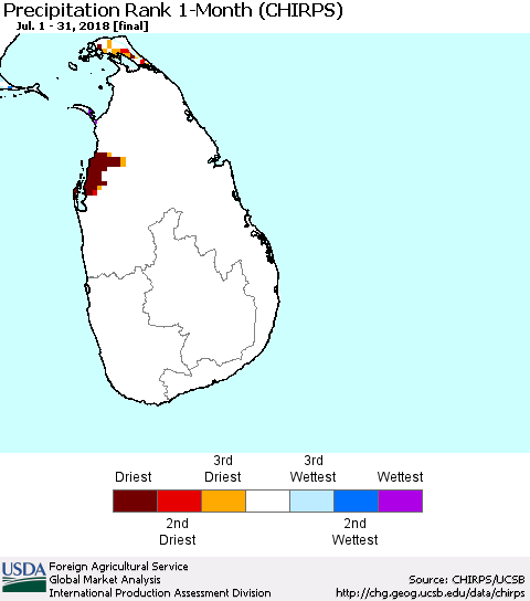 Sri Lanka Precipitation Rank since 1981, 1-Month (CHIRPS) Thematic Map For 7/1/2018 - 7/31/2018