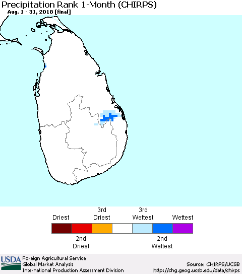 Sri Lanka Precipitation Rank since 1981, 1-Month (CHIRPS) Thematic Map For 8/1/2018 - 8/31/2018