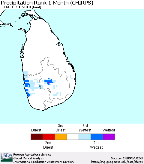 Sri Lanka Precipitation Rank since 1981, 1-Month (CHIRPS) Thematic Map For 10/1/2018 - 10/31/2018