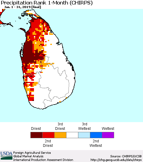 Sri Lanka Precipitation Rank since 1981, 1-Month (CHIRPS) Thematic Map For 1/1/2019 - 1/31/2019