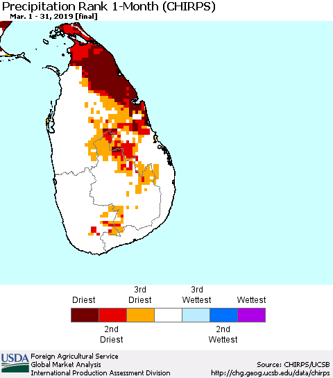 Sri Lanka Precipitation Rank since 1981, 1-Month (CHIRPS) Thematic Map For 3/1/2019 - 3/31/2019