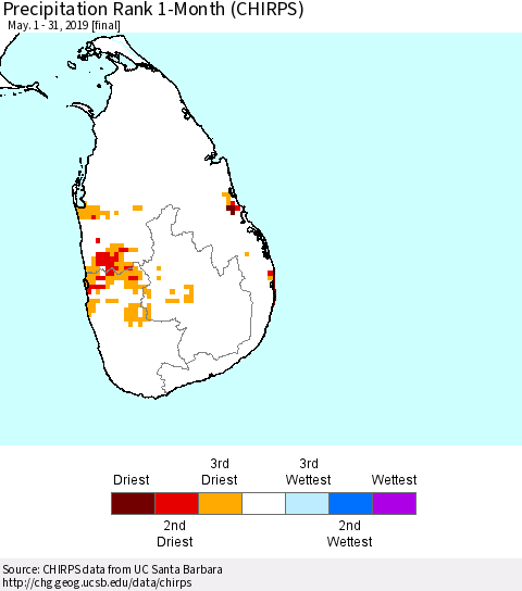 Sri Lanka Precipitation Rank 1-Month (CHIRPS) Thematic Map For 5/1/2019 - 5/31/2019