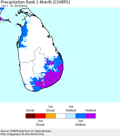 Sri Lanka Precipitation Rank 1-Month (CHIRPS) Thematic Map For 10/1/2019 - 10/31/2019
