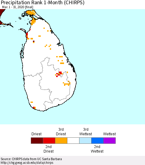 Sri Lanka Precipitation Rank 1-Month (CHIRPS) Thematic Map For 3/1/2020 - 3/31/2020
