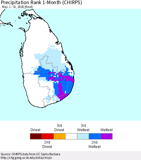 Sri Lanka Precipitation Rank since 1981, 1-Month (CHIRPS) Thematic Map For 5/1/2020 - 5/31/2020