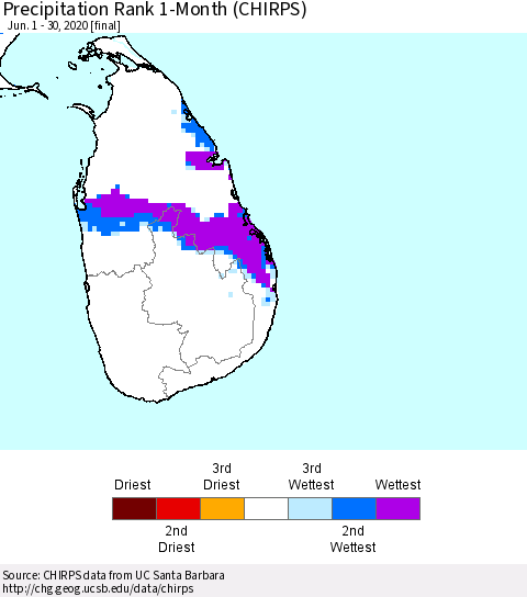 Sri Lanka Precipitation Rank 1-Month (CHIRPS) Thematic Map For 6/1/2020 - 6/30/2020