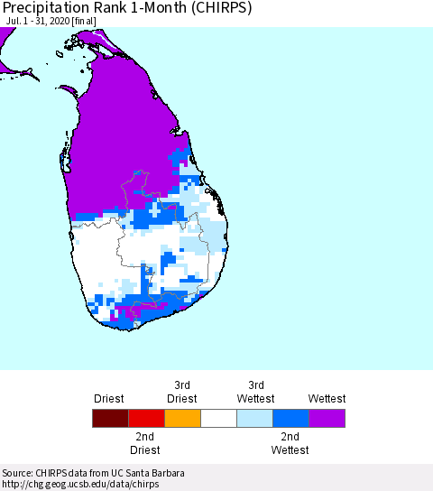 Sri Lanka Precipitation Rank 1-Month (CHIRPS) Thematic Map For 7/1/2020 - 7/31/2020