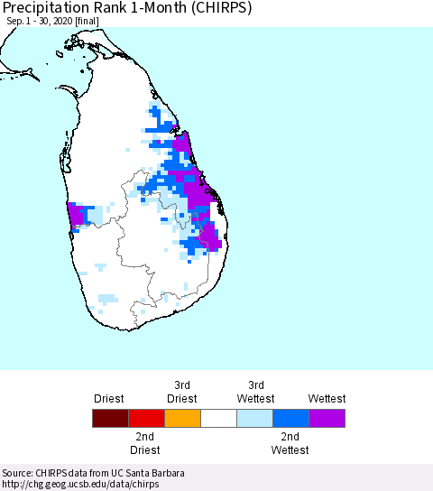 Sri Lanka Precipitation Rank 1-Month (CHIRPS) Thematic Map For 9/1/2020 - 9/30/2020
