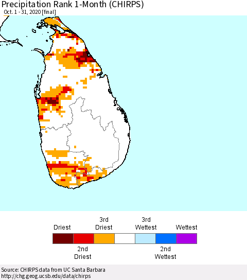 Sri Lanka Precipitation Rank 1-Month (CHIRPS) Thematic Map For 10/1/2020 - 10/31/2020