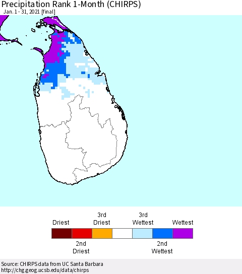 Sri Lanka Precipitation Rank 1-Month (CHIRPS) Thematic Map For 1/1/2021 - 1/31/2021