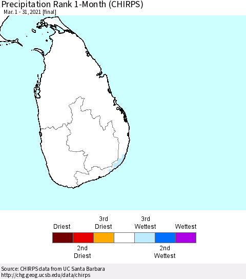 Sri Lanka Precipitation Rank 1-Month (CHIRPS) Thematic Map For 3/1/2021 - 3/31/2021