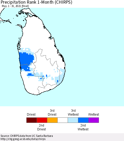 Sri Lanka Precipitation Rank 1-Month (CHIRPS) Thematic Map For 5/1/2021 - 5/31/2021
