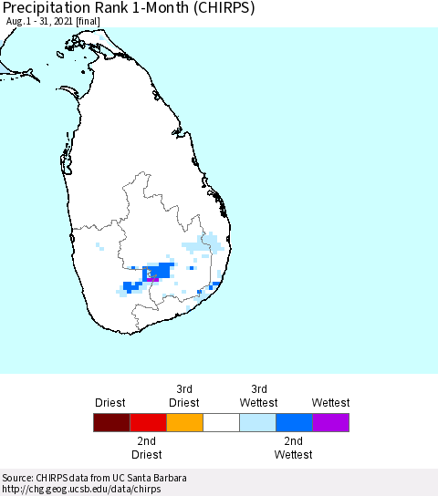 Sri Lanka Precipitation Rank since 1981, 1-Month (CHIRPS) Thematic Map For 8/1/2021 - 8/31/2021