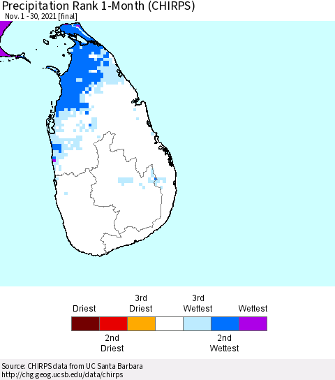 Sri Lanka Precipitation Rank 1-Month (CHIRPS) Thematic Map For 11/1/2021 - 11/30/2021