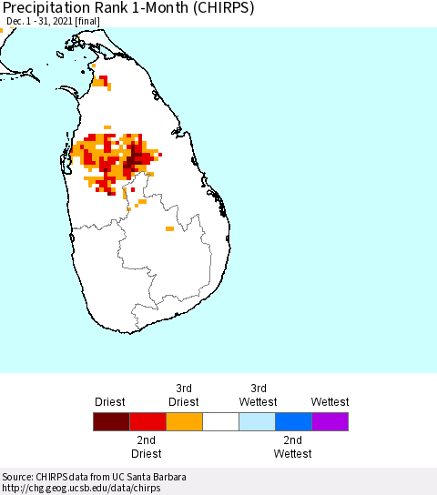 Sri Lanka Precipitation Rank since 1981, 1-Month (CHIRPS) Thematic Map For 12/1/2021 - 12/31/2021