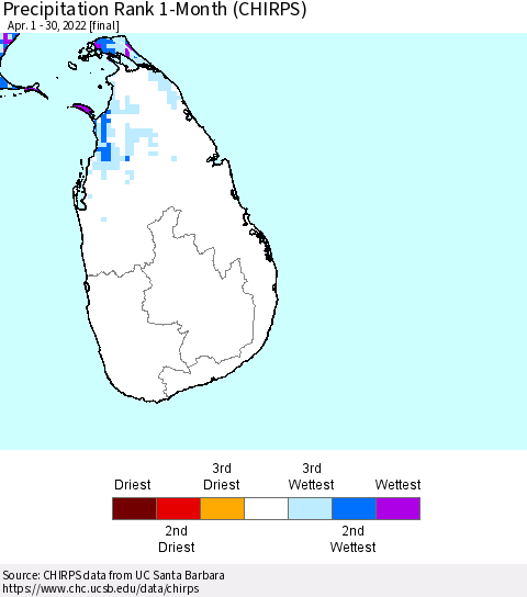 Sri Lanka Precipitation Rank 1-Month (CHIRPS) Thematic Map For 4/1/2022 - 4/30/2022