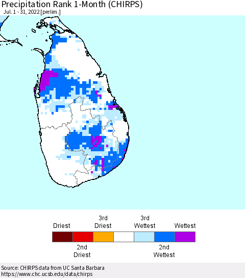 Sri Lanka Precipitation Rank 1-Month (CHIRPS) Thematic Map For 7/1/2022 - 7/31/2022