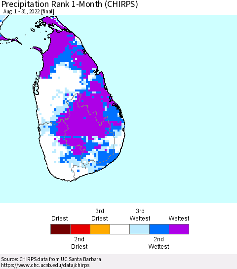 Sri Lanka Precipitation Rank since 1981, 1-Month (CHIRPS) Thematic Map For 8/1/2022 - 8/31/2022