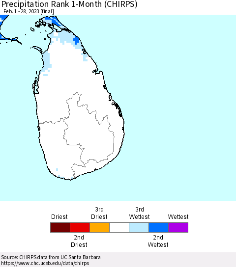 Sri Lanka Precipitation Rank 1-Month (CHIRPS) Thematic Map For 2/1/2023 - 2/28/2023