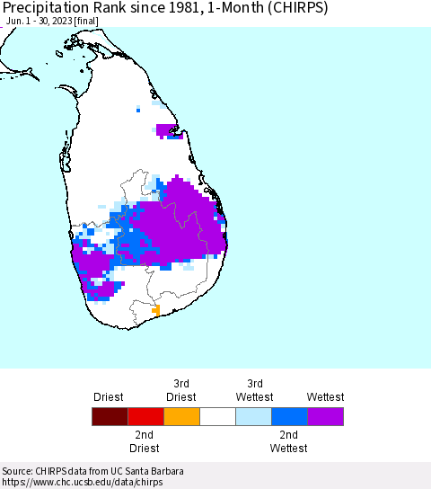 Sri Lanka Precipitation Rank since 1981, 1-Month (CHIRPS) Thematic Map For 6/1/2023 - 6/30/2023
