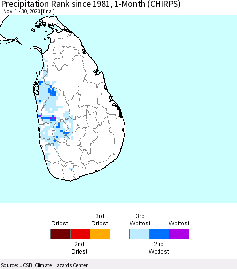 Sri Lanka Precipitation Rank since 1981, 1-Month (CHIRPS) Thematic Map For 11/1/2023 - 11/30/2023