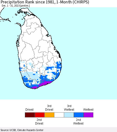 Sri Lanka Precipitation Rank since 1981, 1-Month (CHIRPS) Thematic Map For 12/1/2023 - 12/31/2023
