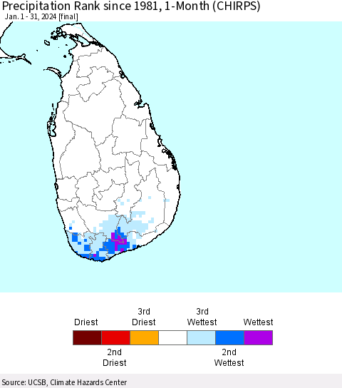 Sri Lanka Precipitation Rank since 1981, 1-Month (CHIRPS) Thematic Map For 1/1/2024 - 1/31/2024