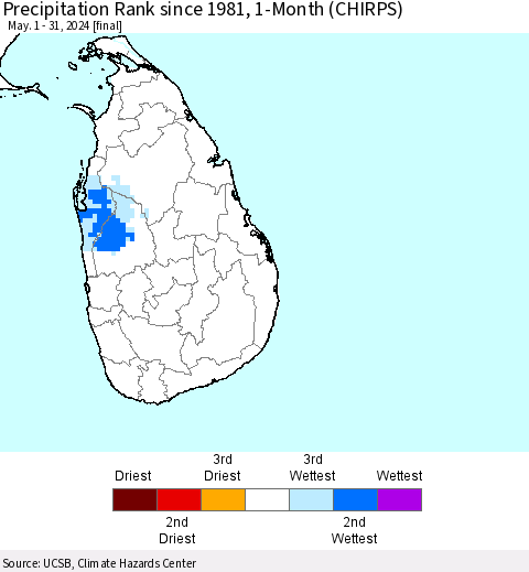 Sri Lanka Precipitation Rank since 1981, 1-Month (CHIRPS) Thematic Map For 5/1/2024 - 5/31/2024