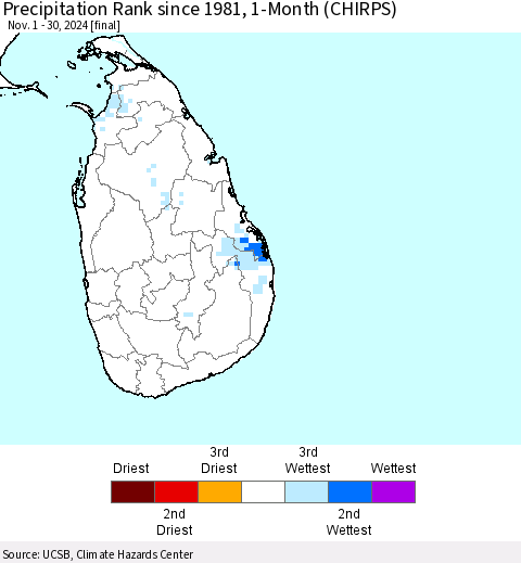 Sri Lanka Precipitation Rank since 1981, 1-Month (CHIRPS) Thematic Map For 11/1/2024 - 11/30/2024
