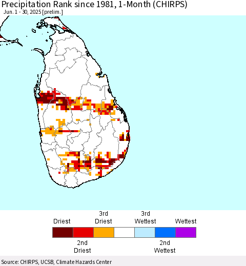 Sri Lanka Precipitation Rank since 1981, 1-Month (CHIRPS) Thematic Map For 6/1/2025 - 6/30/2025
